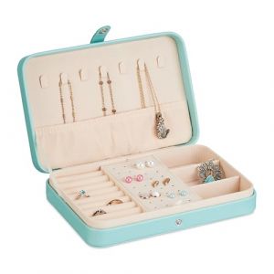 Relaxdays Boîte à Bijoux, système de Rangement Pratique, pour bagues et chaînes, Voyages, HLP 4,5x21x14,5 cm, Turquoise