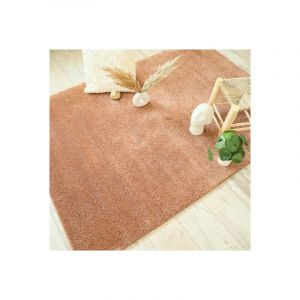 Image de D&eacute;coweb Tapis doux poils longs - Touch rose corail - Galon tabac - 80 x 150 cm