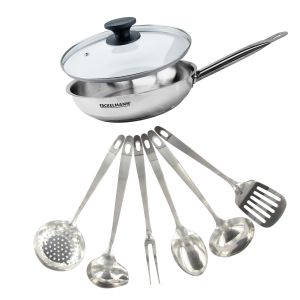 Image de Fackelmann 9440150 Set poêle 28 cm en inox 18/8, Couvercle verre et 6 ustensiles inox, Poêle tous feux, Poêle induction, Poêle sans PFAS, Manche riveté, Inox, Verre, 28 cm