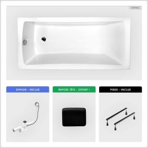 Baignoire rectangulaire - 140 x 70 cm - sans Habillage - avec Pieds - Repose-tête - Vidage Chrome - OPTIMA