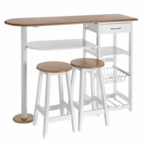 Ensemble de table et 2 tabourets de bar coloris blanc/naturel - Longueur 120 x Profondeur 37 x Hauteur 89 cm