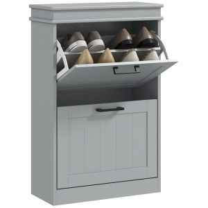 Homcom Meuble à chaussures 2 portes abattants 2 étagères poignées métal noir mdf gris