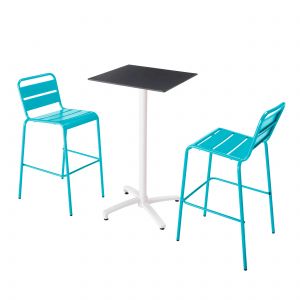 Image de Oviala Ensemble table haute stratifié noir et 2 chaises hautes bleu