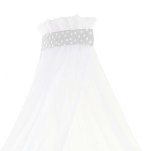 Babybay Ciel de lit piqu&eacute; avec Bande Compatible avec Les mod&egrave;les Midi, Original, Maxi, Boxspring et Comfort Plus, Gris Perle, Pois Blancs