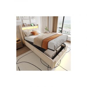 Lit coffre 90x200 cm, lit adulte avec &eacute;clairage led, prise usb et &eacute;tag&egrave;res de rangement, tissu en lin beige sans matelas