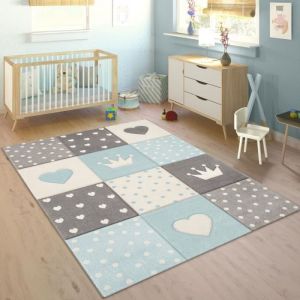 Paco Home - Tapis Enfant Chambre Enfant Carreaux Pois Cœurs Étoiles Bleu Pastel Gris 120 cm rond