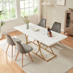[en.casa] - Table &agrave; manger Figa pour 6 personnes effet marbre blanc / dor&eacute;