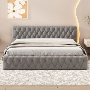 Lit adulte capitonné 140x200cm - tissu en velours - Gris