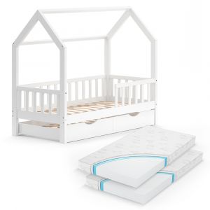 Lit cabane Wiki, Blanc, 80x160 cm avec lit d'appoint et 2 matelas Vitalispa