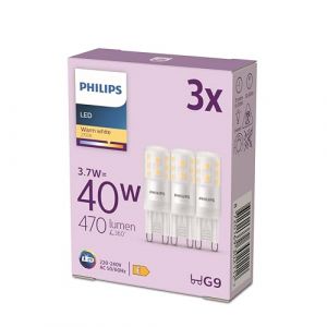 Philips LED ampoule standard, Equivalent 40W halogene, culot G9, éclairage blanc chaud 2700K, 3-pack, nouvelle génération