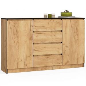 Grande Commode pour le salon AKORD K160 Chêne Craft 160 cm 2 portes 4 tiroirs façade Chêne Craft 4 étagères 160x40x99 cm