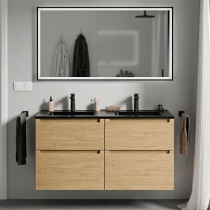Bernstein Meuble de salle de bain suspendu bois laqué, meuble vasque noire 4 tiroirs soft-close - Garantie 5 ans - 64x121x47cm - vireo -Honeygold oak (en)