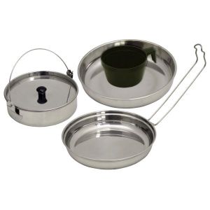 MFH BATTERIE DE CUISINE 5 PIECES : POELE CASSEROLE COUVERCLE ASSIETTE EN ACIER INOXYDABLE ET TASSE EN PLASTIQUE