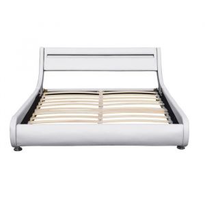 Image de Lit ava pour matelas 140x200 - Sommier + Tête de Lit eclairage led Incurve Couleur blanc + Pieds en 5 cm pour matelas - 2 x 13 Lattes - revetement