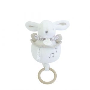 Doudou et Compagnie Boîte à Musique Lapin Doudou Blanc – Peluche Musicale Ultra Douce Bébé avec Anneau Bois – Doudou Veilleuse Berceuse pour Endormir Bébé – Idée Cadeau Naissance - DC4365