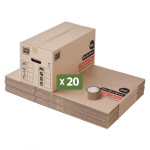 Pack and Move- Lot 20 Cartons Déménagement Premium - 60 X 30 X 30 Cm - Extrême Résistance 30 KG - Réutilisables - Double Épaisseur - Poignées Renforcées - 1 Adhésif Offert