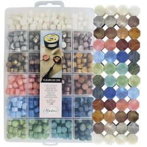 Aladine 600 Perles de Cire à Cacheter - 24 Couleurs Métalliques & Brillantes - Pour Créer Sceau de Cire Dorés, Argentés, Rose - Mariage Naissance Lettres Courriers & Cadeaux - 72496