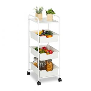 Relaxdays Chariot à roulettes, 3 Niveaux & étagère, pour Cuisine, Salle de Bain & Bureau, HxLxP : 85,5x32,5x40 cm, Blanc