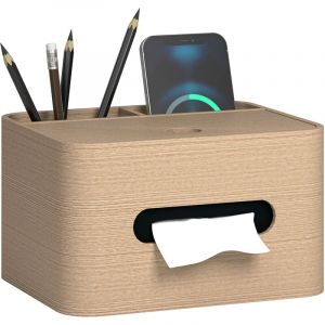 Organiseur de bureau rangement bureau - 2 compartiments, boîte à mouchoirs - aspect bois naturel