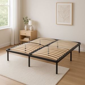 Sommier 140x190 cm Noir Cadre à lattes Renforcé et Soutien Réglable - 29 cm - Épaisseur Métal 1,4 mm - 34 Lattes 9 mm d'épaisseur - Largeur 3,5 cm