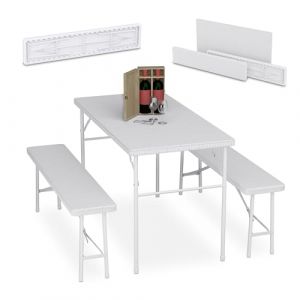 Relaxdays Ensemble Table Pliante et 2 bancs, pour Jardin, pavillon ou Camping, 120 cm, Aspect rotin, Blanc
