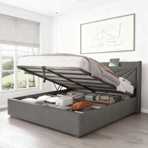 Lit coffre 160x200 cm - NEXU - Gris - USB Type C - T&ecirc;te de lit incluse - 300 kg de charge