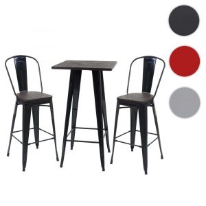 Mendler Set table mange-debout + 2x tabouret de bar HWC-A73, plateau en bois, design industriel, métal ~ noir