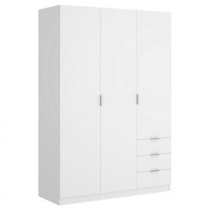 Armoire Cimone, Portemanteau pour chambre, Armoire avec 3 portes battantes et 3 tiroirs, 121x52h184 cm, Blanc