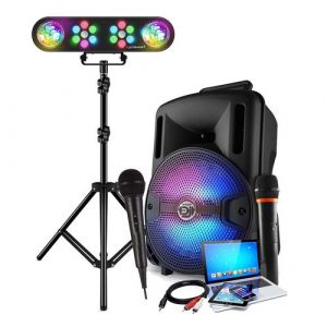 BMI Karaok&eacute; Enfant Enceinte sono 400W sur Batterie portable LED USB/SD/BLUETOOTH, 2 Microphones, c&acirc;ble PC, Pack jeux de lumi&egrave;res