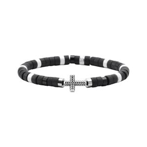 Bracelet Perles Heishi Pierres Naturelles Agate Noire Et Turquoise Blanche Croix Acier Antique