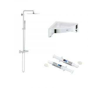 Grohe Colonne de douche thermostatique Vitalio Joy Syst&egrave;me 230 + Tablette d'angle Start Cube + colle Quickglue - Chrom&eacute;
