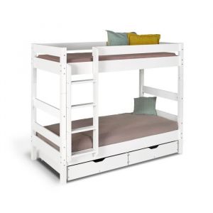 Pack lit superposé avec tiroirs et 2 matelas 80x190 bois massif blanc