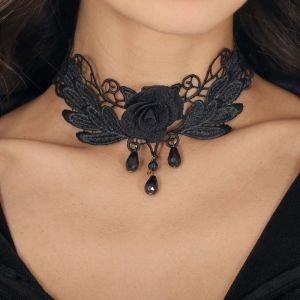 Collier Ras-De-Cou Brod&eacute; D&eacute;co Rose Noir Femme