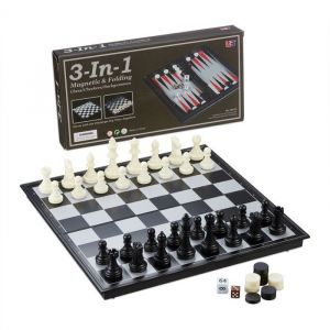 Relaxdays Jeu de soci&eacute;t&eacute; 3 en 1 &eacute;checs dames backgammon magn&eacute;tique L x P 32 x 32 cm pliable noir et blanc