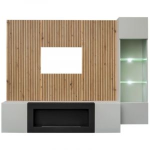 Composition murale IXAR – Meuble TV, vitrine suspendue, panneaux muraux et cheminée bio-éthanol