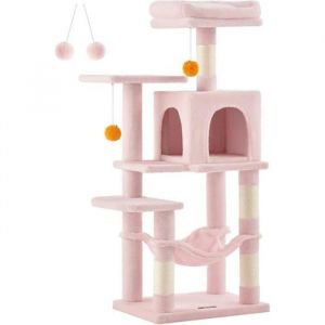 Feandrea - Arbre &agrave; Chat Hauteur 112 cm, Tour de Jeux pour Chats, avec 4 Poteaux &agrave; Griffer, 2 Plateformes, 1 Niche, 1 Hamac, 2 Pompons, en Tissu