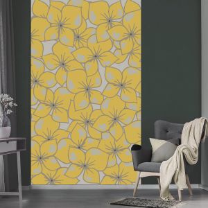 Image de Plage Papier peint panoramique intissé, motif de fleurs jaunes avec un fond gris, style représentant une fleur de capucine, 250 cm x 150 cm - Jaune / doré