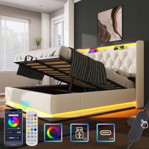 Lit coffre 140x200cm en similicuir - avec led et prises usb & Type-C - Blanc