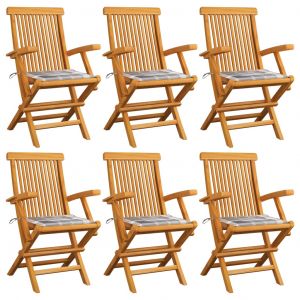 VidaXL Chaises de jardin et coussins à carreaux gris 6 pcs Teck massif