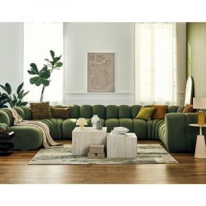 Debbie - canapé modulable panoramique d'angle gauche 7 places en tissu texturé - vert