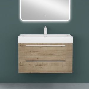 Mai&mai - Meuble de Salle de Bain Chêne Clair 90cm Meuble sous Vasque Quadratto Meuble Suspendu avec Vasque