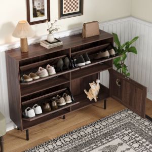 Meuble à chaussures 120x28x92cm - 4 portes - avec 3 portes abattantes - avec jouet pour chat - marron