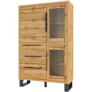Meublorama - Vaisselier coloris chêne collection milo. Finition noires. Meuble idéal pour votre salle à manger.