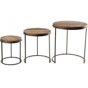 Set de 3 tables d'ap rondes gigogne Teck recyclé acacia mahogany pieds métal L 50 x P 50 x H 56 cm