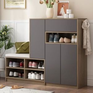 Meuble à chaussures 140x35x110cm - Banc de rangement avec siège rembourré, tiroir, portes, étagères réglables - Gris