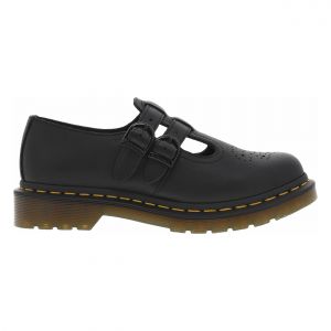 Dr. Martens Sandales FEMME en cuir noires &agrave; talon d&eacute;croch&eacute; bas et &agrave; boucle &agrave; ardillon