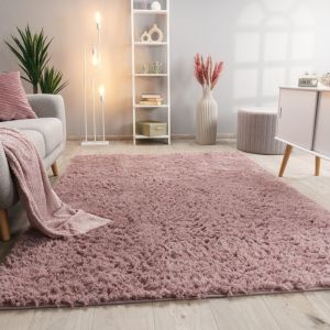 Tapis De Salon Poils Longs Fausse Fourrure Shaggy Moelleux Monochrome 200 cm rond, Vieux-Rose - Paco Home