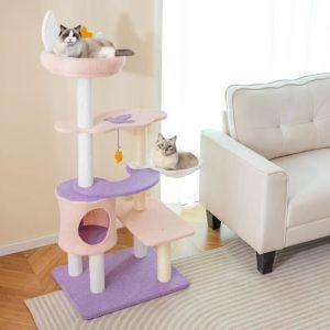 Costway - Arbre à Chat Mignon de 140 cm, Centre d'Activité Multicouche avec Hamac, Panier et Condo, Tour à Chat avec Grattoir en Sisal et Jouets