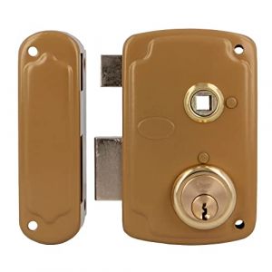 Amig - Serrure de suralimentation gauche avec levier de verrouillage et languette pour portes en bois Mod. 75UN | 76 x 120 mm | Cylindre rond de sécurité | Acier doré