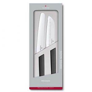 Victorinox Swiss Modern Set de couteaux, 2 pi&egrave;ces, Couteau &agrave; pain, Couteau Santoku, Extra tranchant, Manche plastique robuste, noir